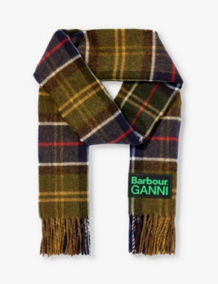 Barbour x GANNI logo-appliqué wool scarf | Selfridges