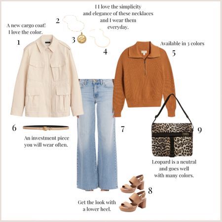 Spring looks! 
Try an off-white utility jacket, wide-leg jeans and half zip sweater.  F Io finish the look with a leopard print bag and trendy sandals. 

#LTKstyletip #LTKFind #LTKunder100
