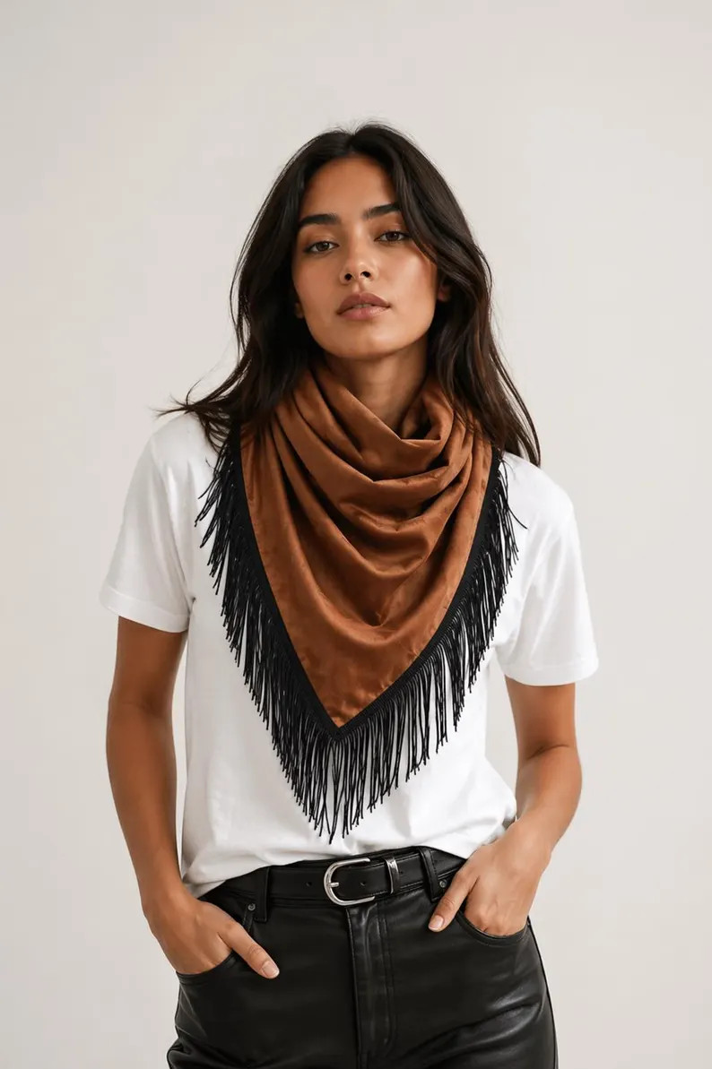 Brown Suede-feel Fringe Scarf, Western Boho Cowgirl Bandana Neck Accessory - Etsy UK | Etsy (Global)