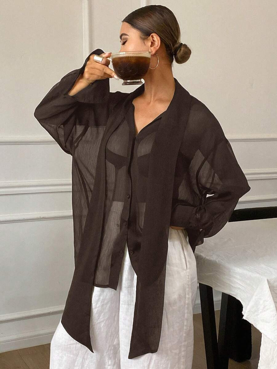 Livesso Women Loose Solid Color Flared Chiffon Drape Collar Long Sleeve Lightweight Casual Blouse... | SHEIN