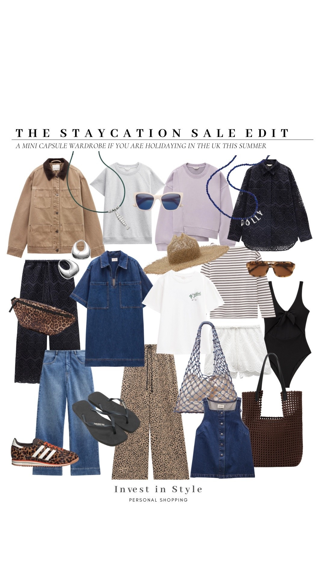 I’ve created a mini summer /staycation capsule to give you a few ideas with your packing list. 
Do sub in pieces you already own ! 
And tweak the layers depending on the weather . 
Most items featured are currently on sale - some very good buys right now. 

Separate outfit posts on my LTK along with options . 

Holiday wardrobe 
Staycation outfit 
Summer outfit 
Summer layers 
Light jacket 
Fish necklace 
Denim dress
Jeans 
Swimwear 


#LTKsale #LTKtravel #LTKsummer