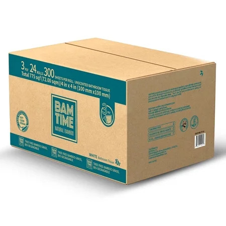 Toilet Paper, 100% 3ply Bamboo Toilet Paper, 24 Rolls, 300 sheets, 7200 Count, pack of 24, plastic free, Tree free, Biodegradable | Walmart (US)
