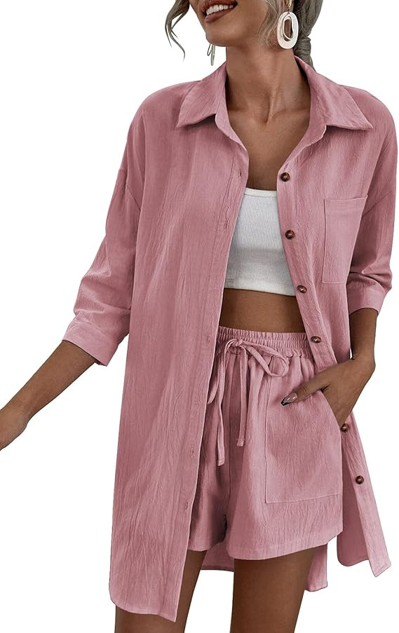 Zeagoo Women’s 2 Piece Lounge Tracksuit Outfit Sets Cotton Linen High Low Shirt and Drawstring ... | Amazon (US)