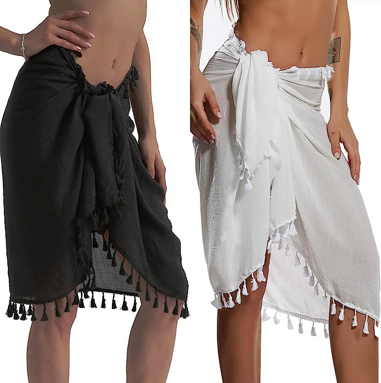 Eicolorte Beach Sarong Pareo Womens Semi-Sheer Swimwear Cover Ups Short Skirt with Tassels | Amazon (US)