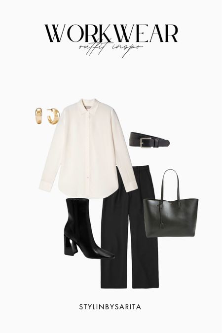 Workwear, work outfits, cute outfits, dress shirt, black trousers, loose pants, boots, belt, gold hoops, black work bag, summer outfits , fall workwear 

#LTKworkwear #LTKFind #LTKunder100