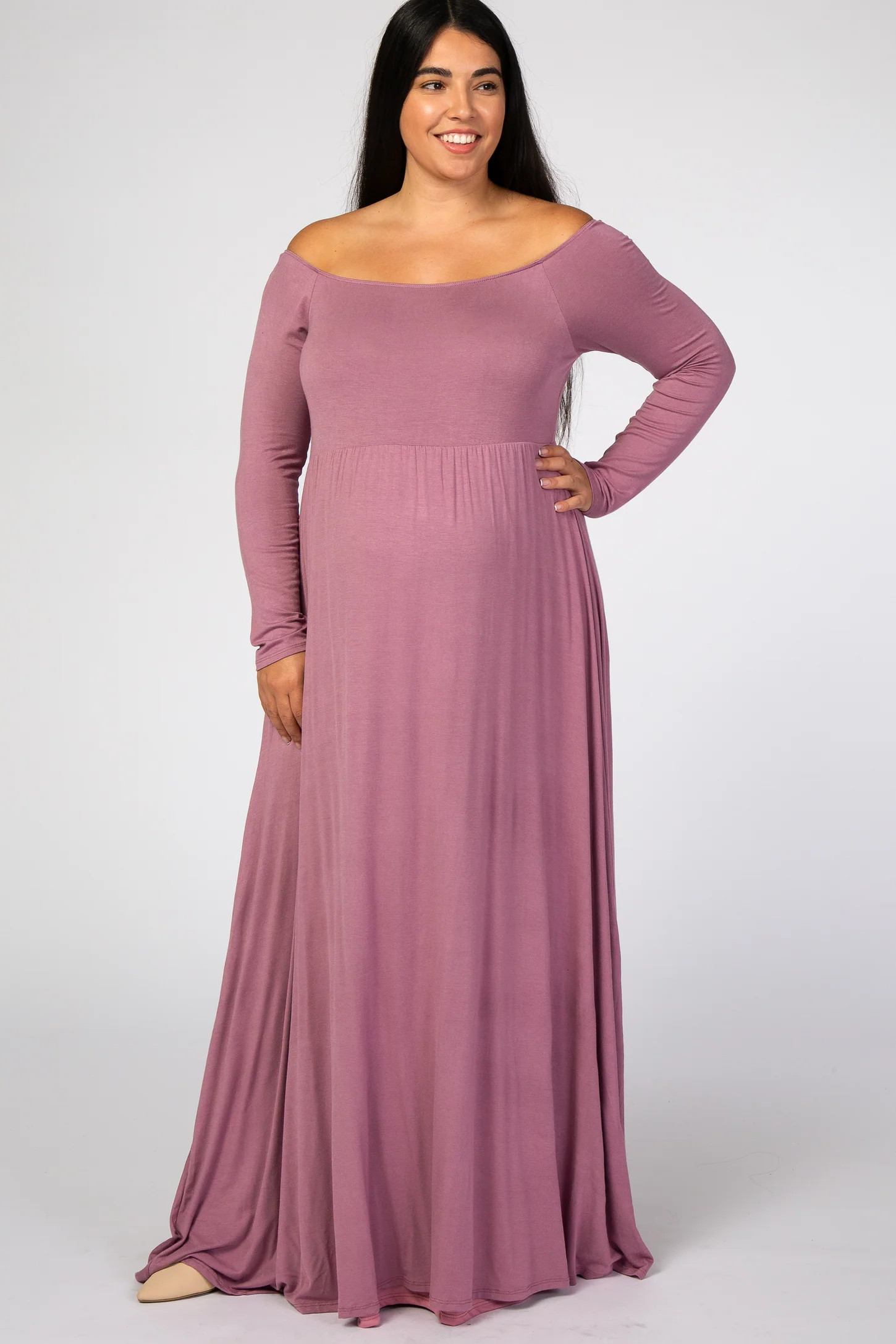 PinkBlush Ivory Solid Off Shoulder Plus Maternity Maxi Dress | PinkBlush Maternity