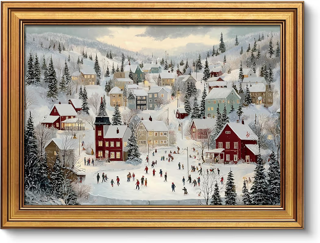 VIYYIEA Gold Framed Canvas Art, Vintage Christmas Landscape Decor, 12x16Inch, Winter Village Skat... | Amazon (US)