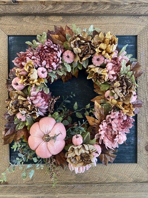 NEW Blushing Autumn Wreath, Artificial with Velvet Pumkins, Maple Leaves and Mums | Etsy (US)