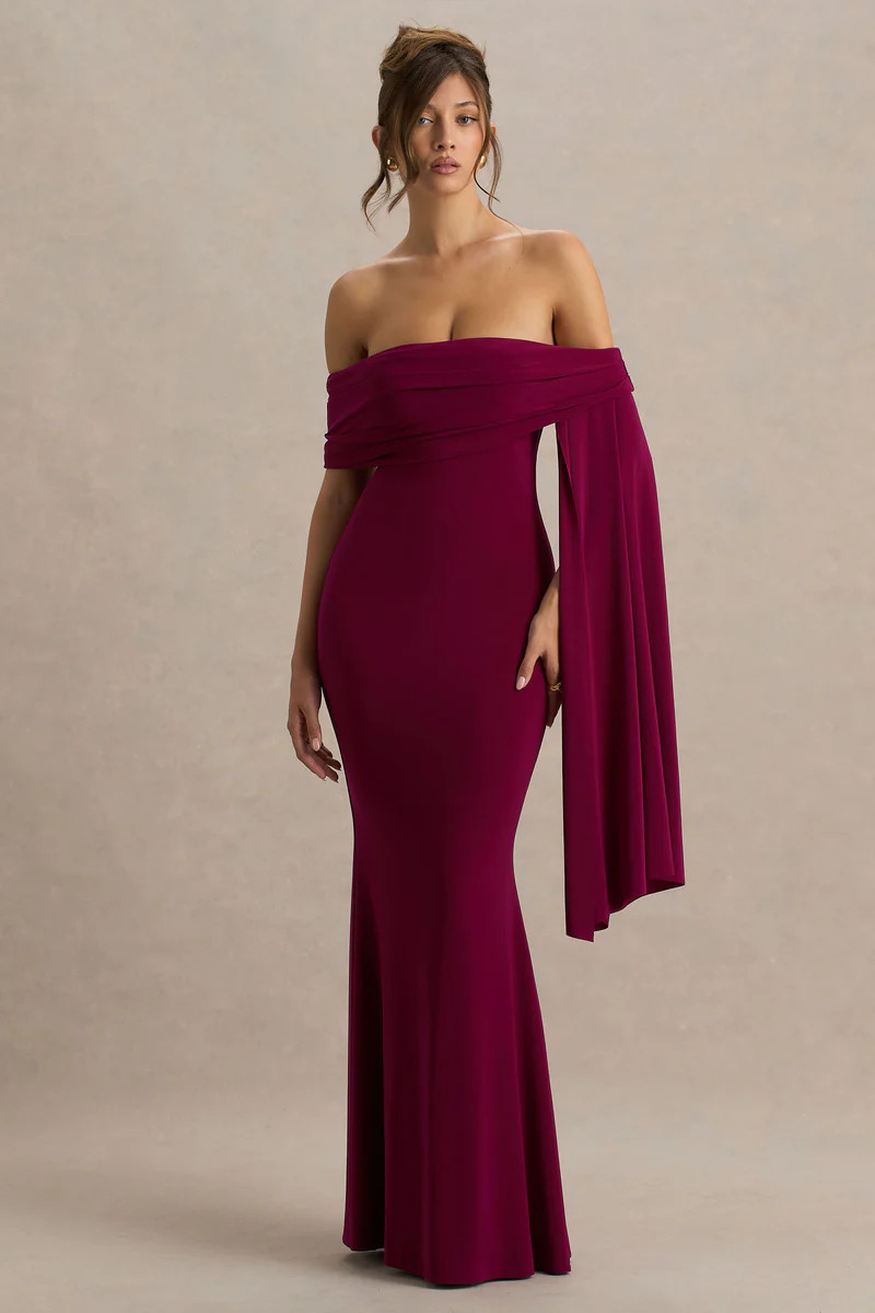Saffina  Burgundy Bardot-Neck Maxi Dress With Sash Detail | Club L London
