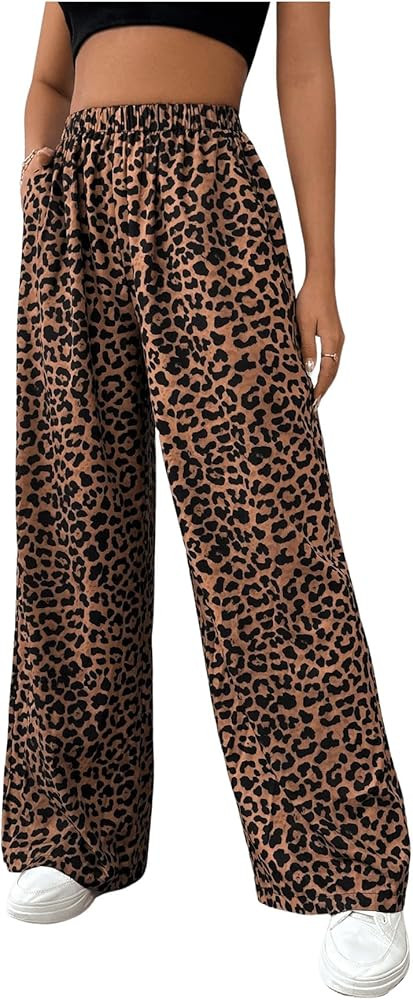 OYOANGLE Women's Leopard Print Elastic High Waist Long Pants Wide Leg Loose Trousers with Pockets | Amazon (US)