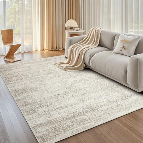 Srugn Washable Area Rug for Living, Bedroom & Dining Room, Ultra Soft Faux Wool Retro Large Carpet, Non-Slip/Shedding Low Pile Vintage Print for Home Office Decor, Beige Ivory Cream Brown Camel, 5x7 | Amazon (US)