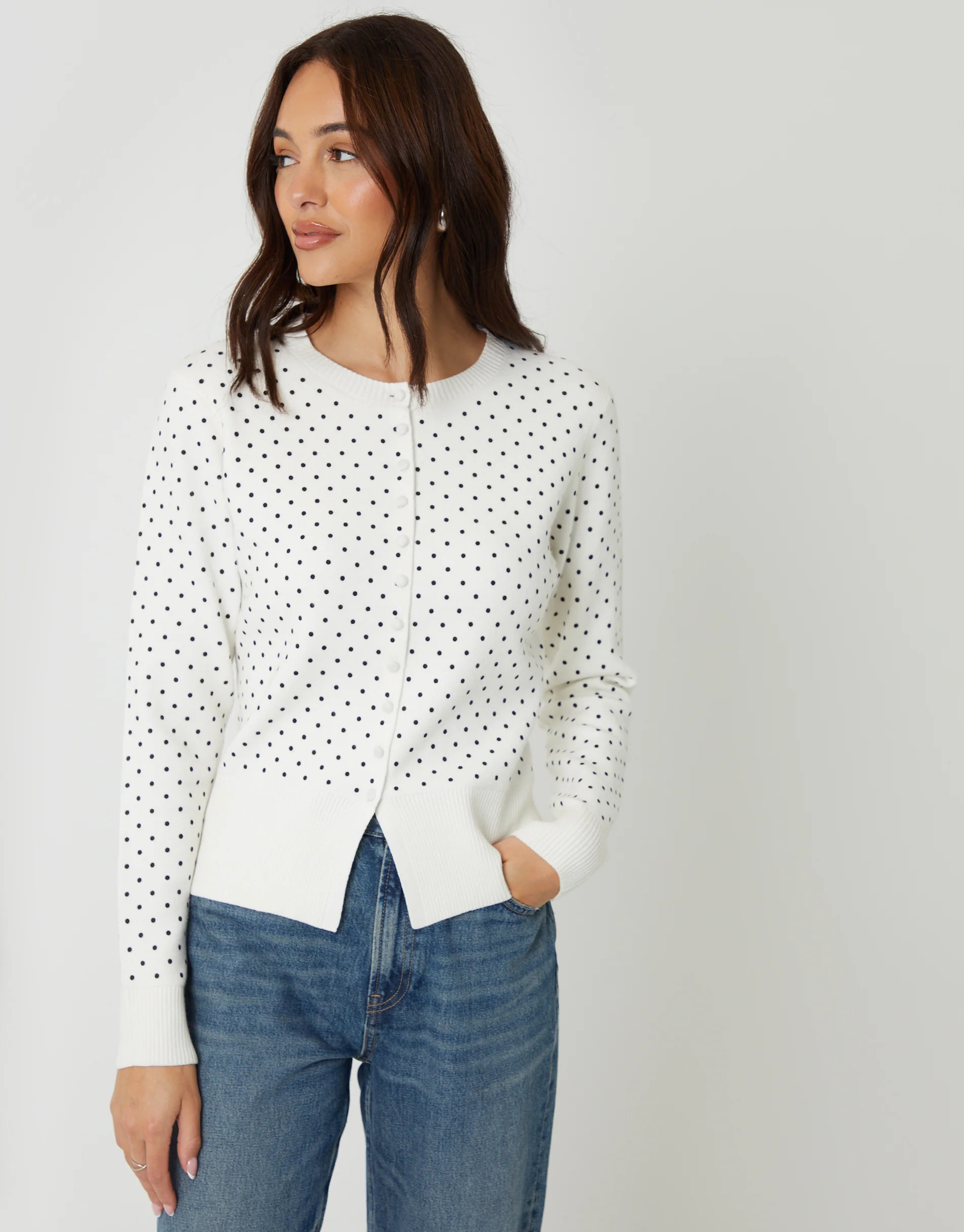 White Polka Dot Compact Knitted Cardigan | Threadbare