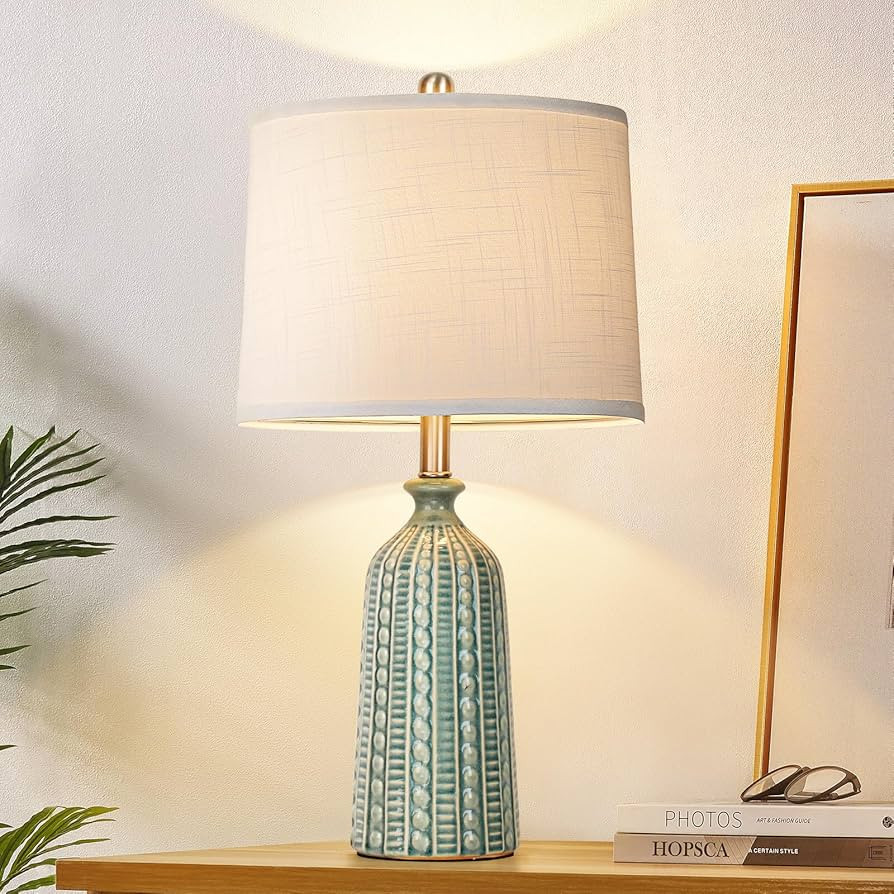 JUNNAI Green Ceramic Table Lamp 24.5": 3-Way Dimmable Nightstand Lamp with White Drum Lamp Shade ... | Amazon (US)