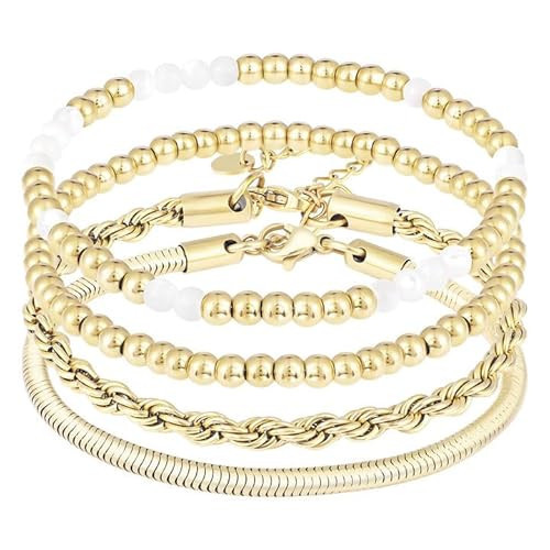 RDISOR Gold Bracelets for Women, 14K Gold Plated Beaded Bracelets Gold Stretch Bead Ball Bracelet stack Set Adjustable Gold Jewelry Fashion Accessories for Women men | Amazon (US)