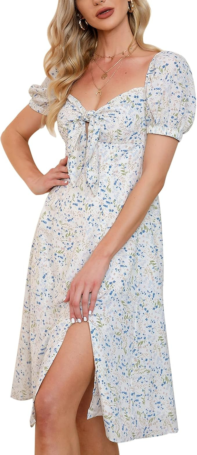 EXLURA Womens Square Neck Puff Short Sleeve Dress Backless Floral Print Smocked Tie Front Side Sp... | Amazon (US)