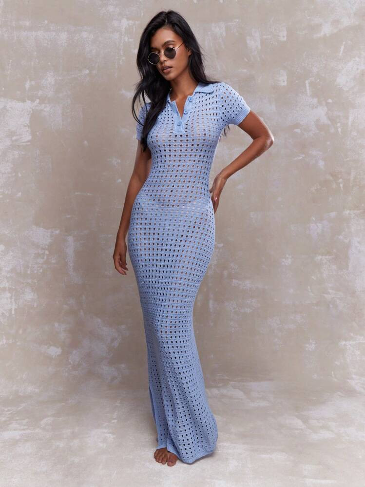 MISSGUIDED Mesh Crochet Buttoned Shirt Maxi Dress Winter Wear | SHEIN