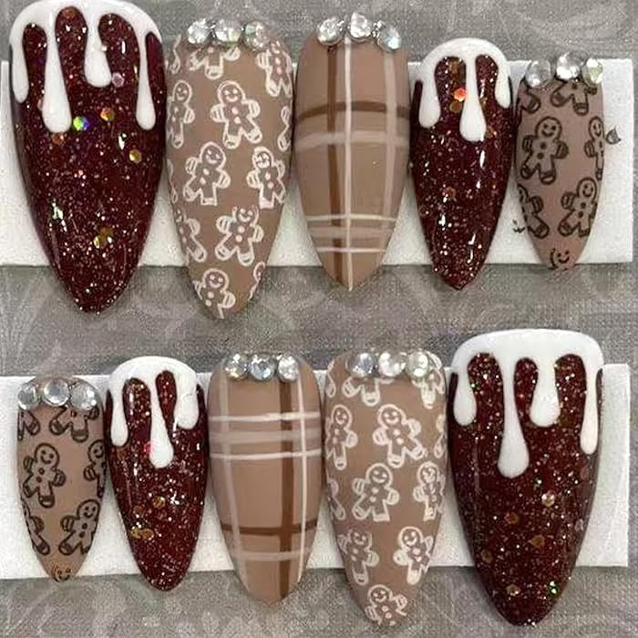 30Pcs Cute Gingerbread Man Press on Nails Medium Almond Fake Nails Cute Christmas False Nails 3D ... | Amazon (US)