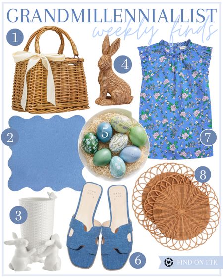 Classic home decor blue and white decor classic style home southern home basket bag wicker bunny rattan circular placemats woven painted Easter eggs scalloped linen placemats denim sandals bunny vase 

#LTKSeasonal #LTKhome #LTKstyletip