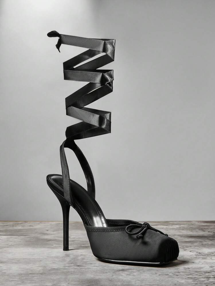 SHUZIA New Fashionable Ladies' Black Ballet Ankle Lace Ribbon Heel Closed Square Toe Sexy Holiday Fall Winter Shoes For Christmas Valentine's Day | SHEIN