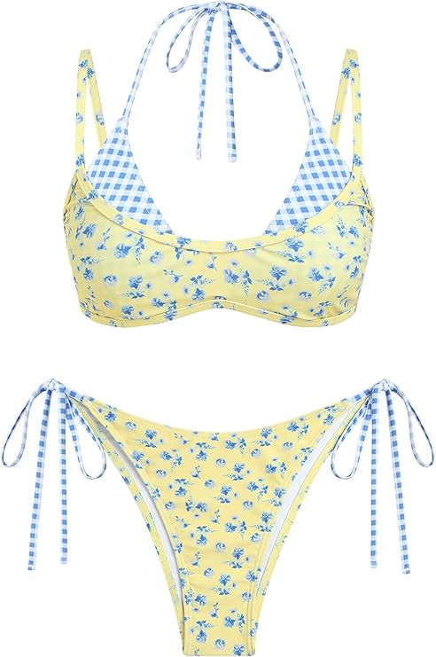 ZAFUL Women's Polka Dot Bikini Set Double Layer Halter Swimsuit Colorblock Side Tie 2 Piece Bathi... | Amazon (US)