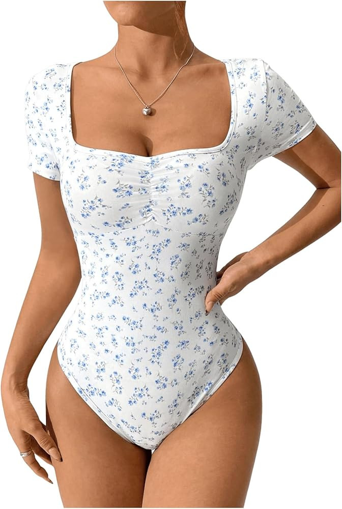 SweatyRocks Women's Short Sleeve Floral Bodysuit Sweetheart Neck Slim Fit Summer Leotard Tops | Amazon (US)