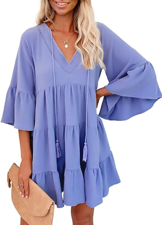 ZKESS Women Casual Long Sleeve Summer Tunic Dress V Neck Loose Flowy Swing Shift Mini Dress | Amazon (US)