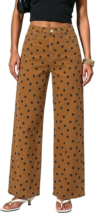 GRAPENT Wide Leg Jeans for Women High Waisted Polka Dot Stretch Denim Pants | Amazon (US)