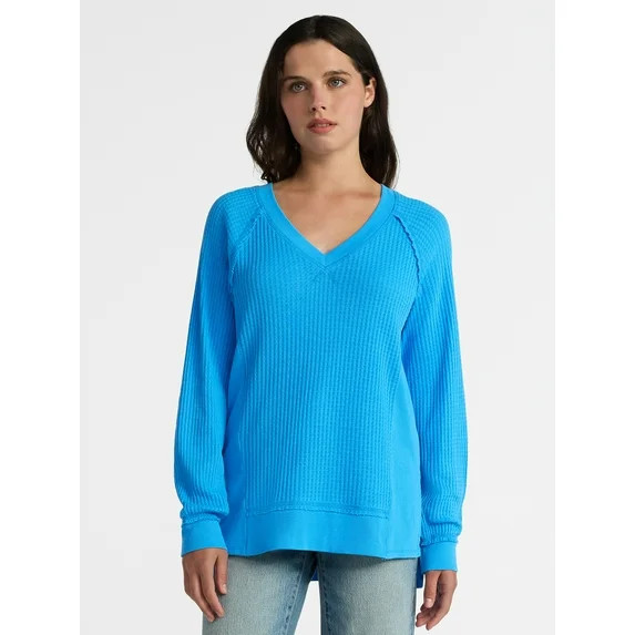 Time and Tru Women's Waffle Knit Tunic V-Neck Sweatshirt with Long Sleeves, Sizes XS-3XL | Walmart (US)