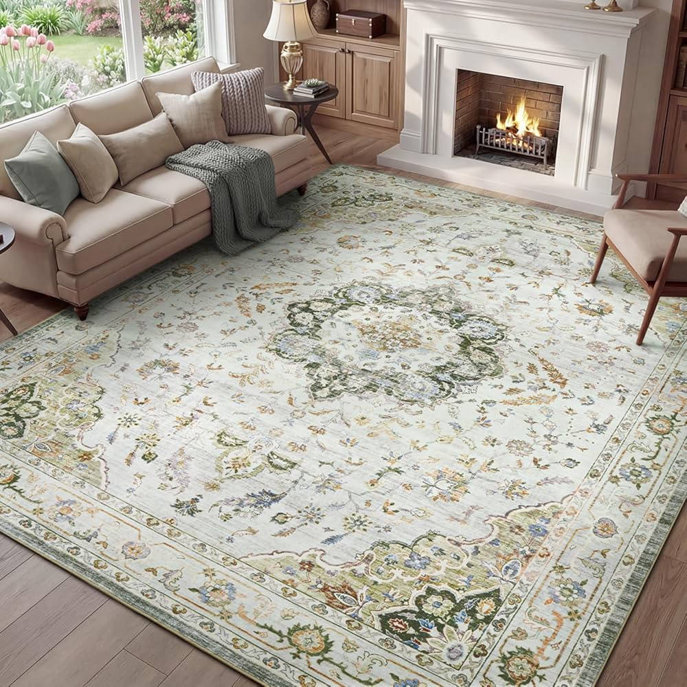 Resare 5x7 Area Rug, Washable Rugs for Living Room, Green Rug for Bedroom Non Slip Vintage Floral... | Amazon (CA)