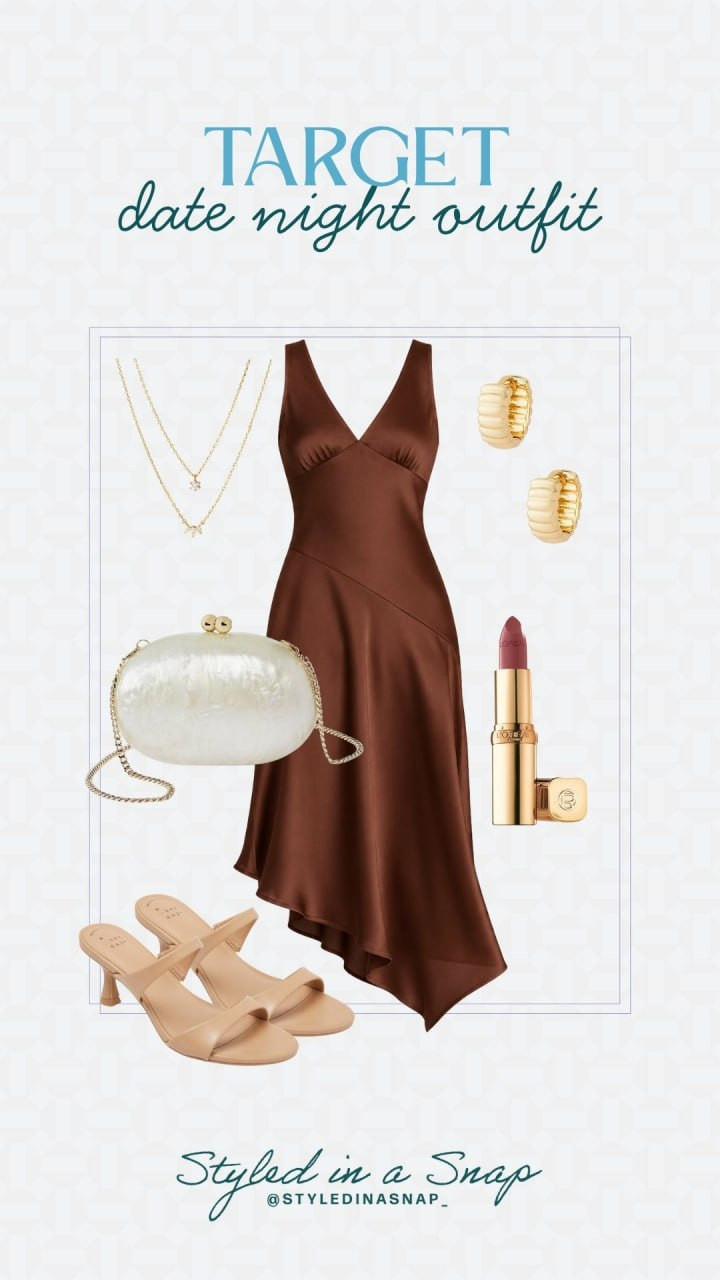 Date night ready 🤎✨ This satin brown dress paired with neutral heels and gold accessories is such an easy, elegant look.


// Date Night Outfits, Target Date Nigh Outfit, Target Fall Outfit, Target Fashion Fall, Target Fashion Finds 

 #LTKgrwm #LTKootd #LTKSeasonal