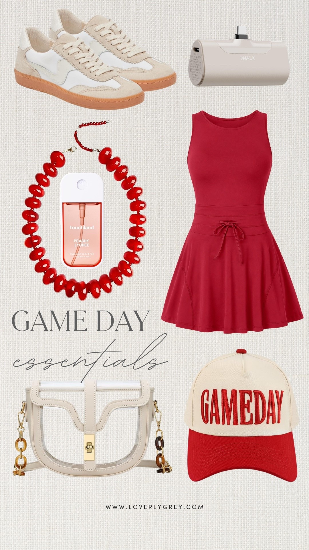 Red game day outfit finds featuring a sporty red dress, neutral sneakers, clear stadium bag, game day hat and statement necklace. Add in a portable charger and Touchland hand sanitizer for an easy football game or tailgate look!

#LTKActive #LTKSeasonal