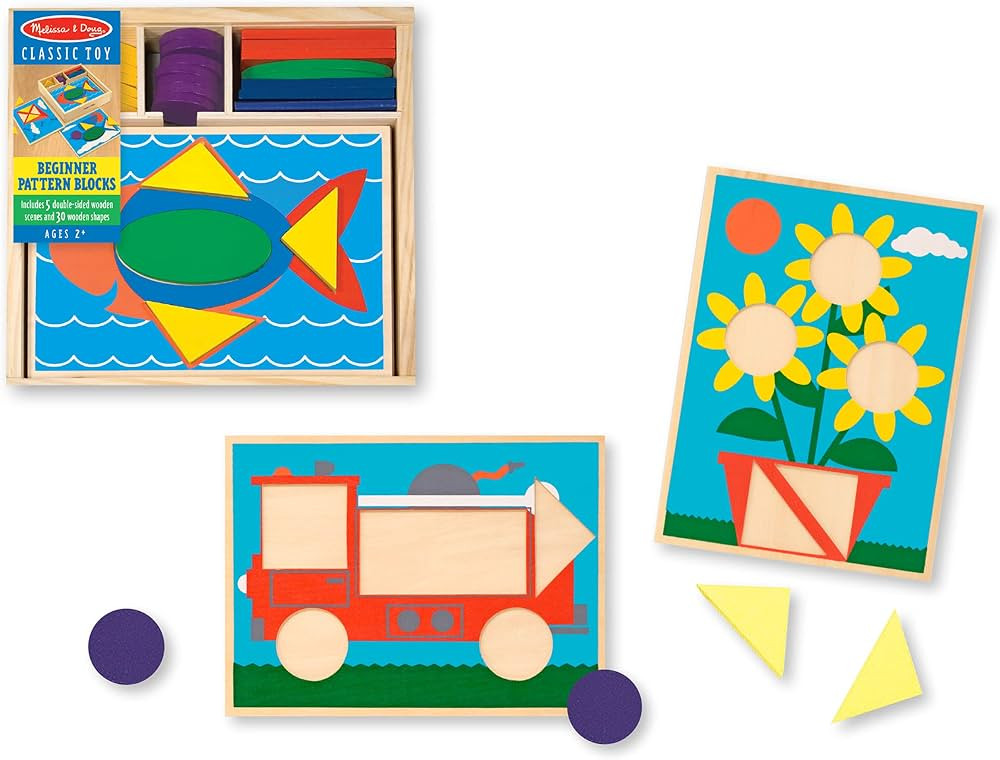 Melissa & Doug Beginner Wooden Pattern Blocks Educational Toy With 5 Double-Sided Scenes and 30 S... | Amazon (US)