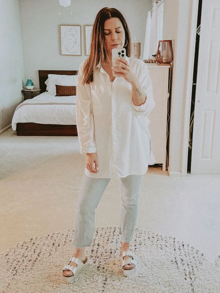 I sized up to a large in this white linen boyfriend shirt for an oversized look. These platform metallic sandals fit TTS  

#LTKOver40 #LTKFindsUnder50 #LTKShoeCrush