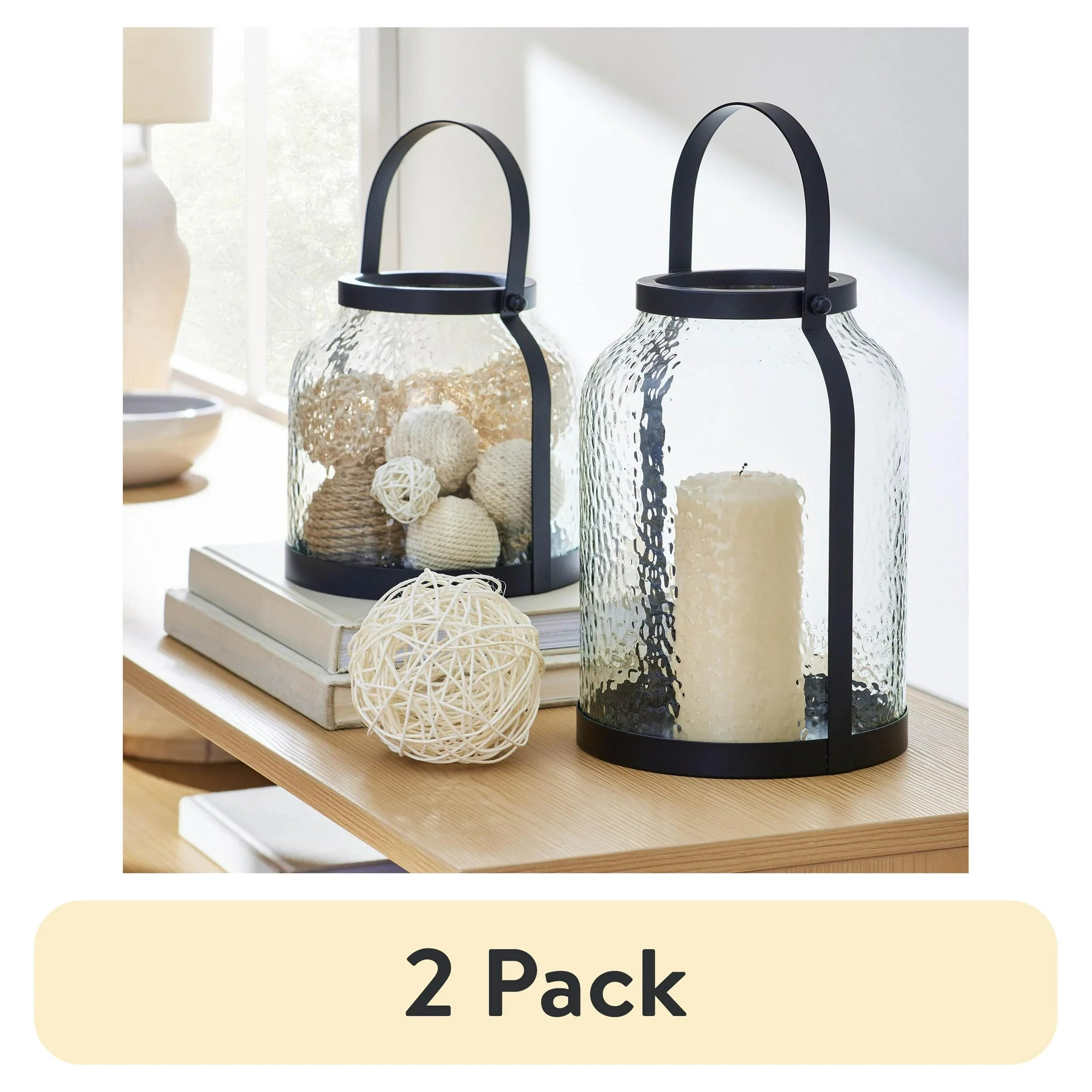 (2 pack) Better Homes & Gardens Black Metal Hammered Glass Candleholder Lantern, 11", Large | Walmart (US)
