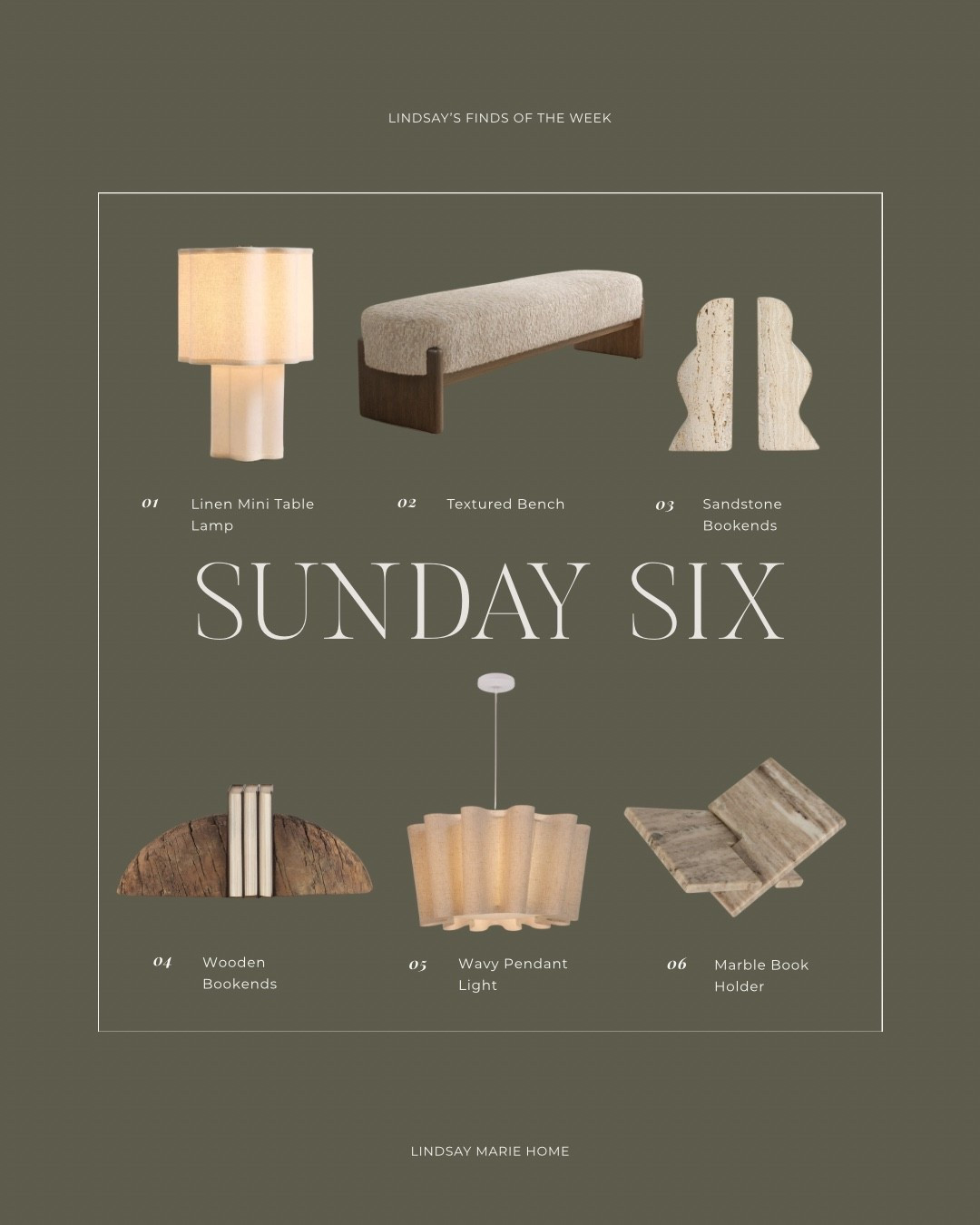 Sunday Six | organic modern home decor finds of the week

Mini linen table lamp
Textured bench
Sandstone bookends
Wood bookends
Marble book holder
Wavy pendant light

#LTKSaleAlert #LTKHome