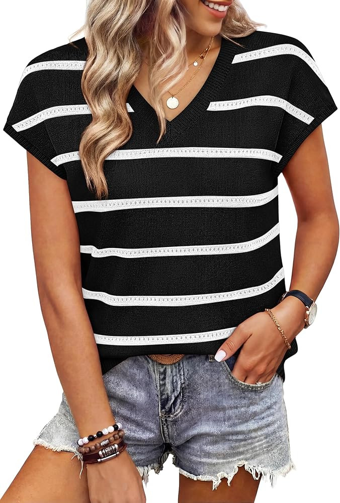 WIHOLL Short Sleeve Sweater for Women V Neck Trendy Summer Tops 2026 Spring Fashion Clothing Busi... | Amazon (US)