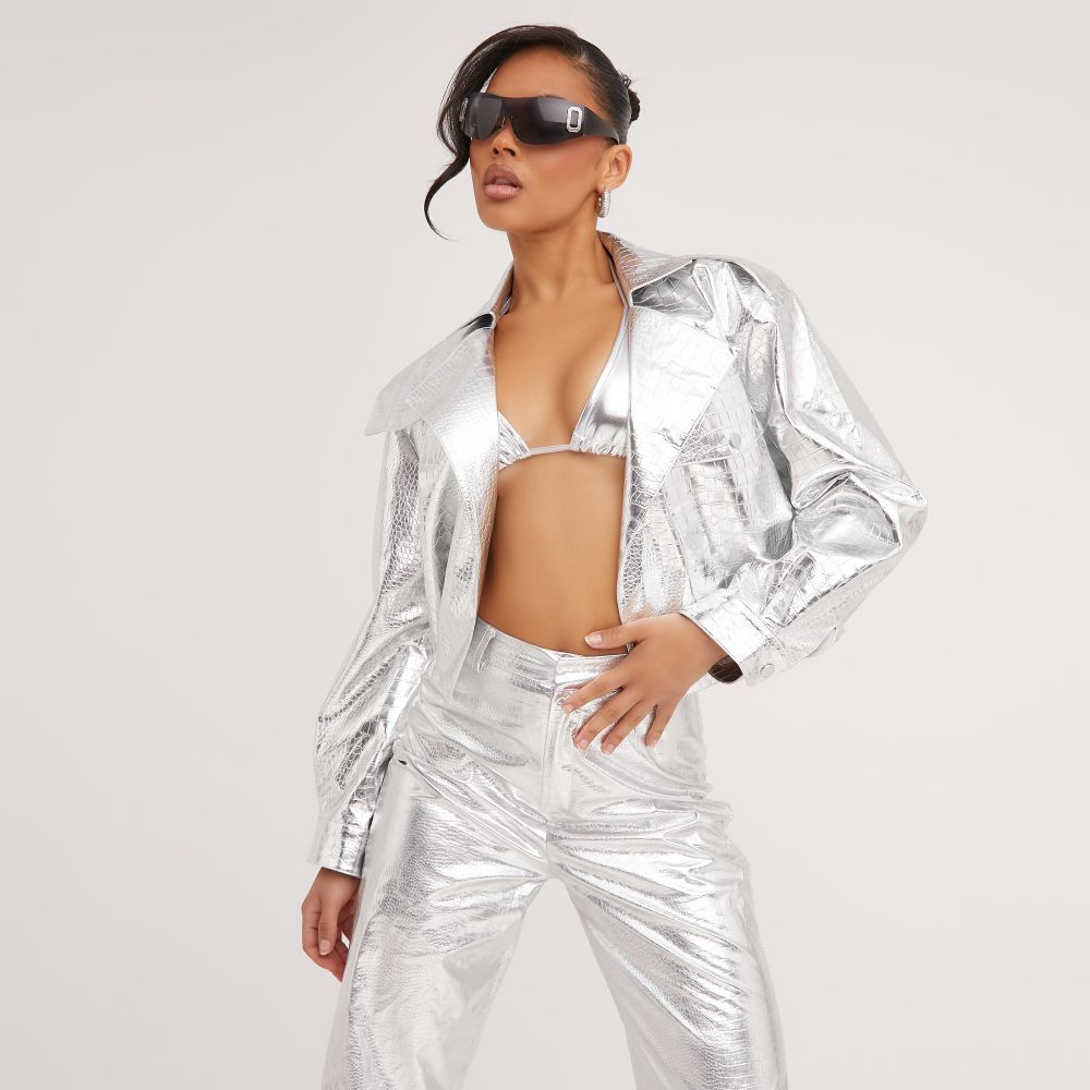 Cropped Jacket In Silver Metallic Croc Print Faux Leather | EGO Shoes (US & Canada)