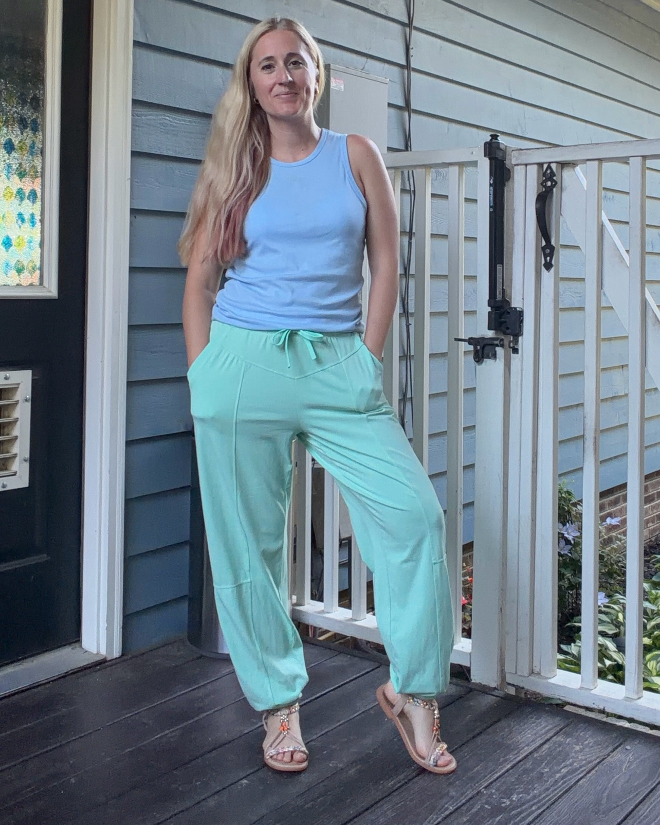 These pants are so comfy and cute! The fabric feels too like a regular pant, especially with the pleating, but then feels like comfy athleisure too! Such a pretty color! Linked matching top as well!

#seafoamgreen #mintgreenpants #mintgreen #athleticpants #joggers #target #targetfinds