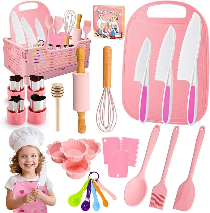 Kids Baking Cooking Set Real & Toddler Kid Apron, Kids Knife Set for Real Cooking & Basket,Food-G... | Amazon (US)