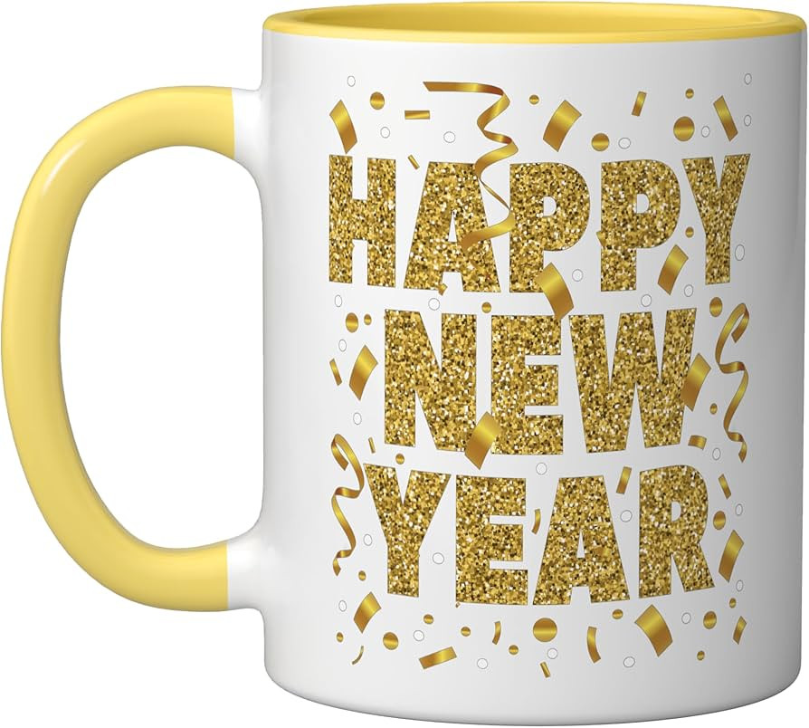 Golden Confetti - New Year's Eve Happy New Year Ceramic Mug, Yellow/White | Amazon (US)