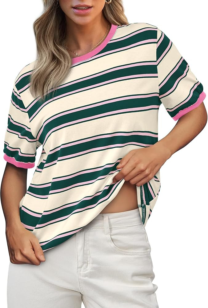BTFBM Womens Summer Tops 2025 Crewneck Short Sleeve Striped T Shirts Casual Loose Lightweight Col... | Amazon (US)