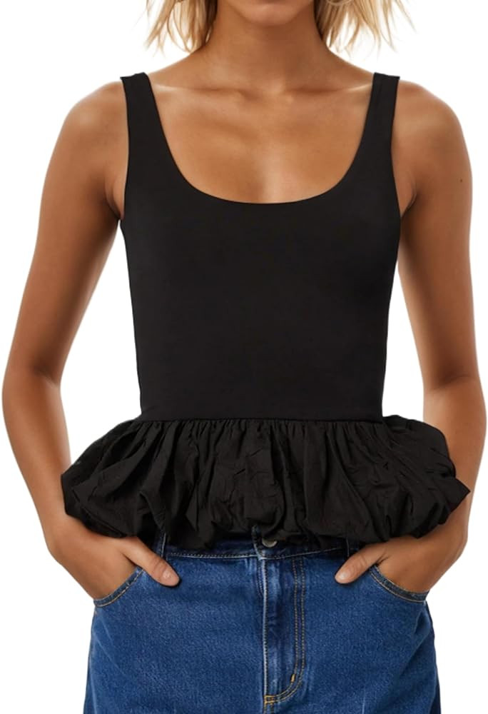 Women's Ruffle Bubble Hem Tank Top Scoop Neck Backless Sleeveless Patchwork Peplum Top Going Out ... | Amazon (US)