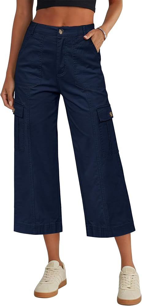 Eddoyee Cargo Capri Pants for Women High Waisted 6 Pockets Stretchy Straight Wide Leg Cropped Hik... | Amazon (US)
