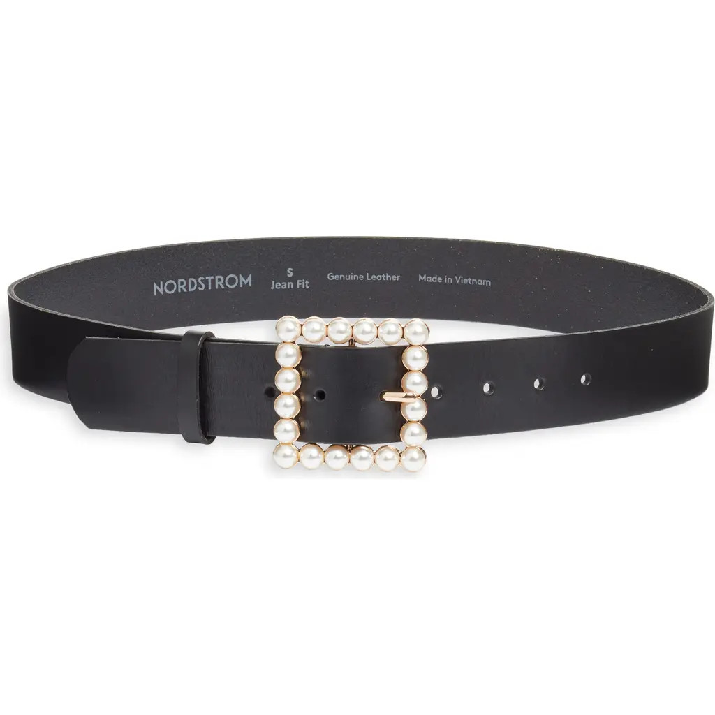 Nordstrom Elizabeth Faux Pearl Buckle Leather Belt in Black at Nordstrom, Size X-Small | Nordstrom