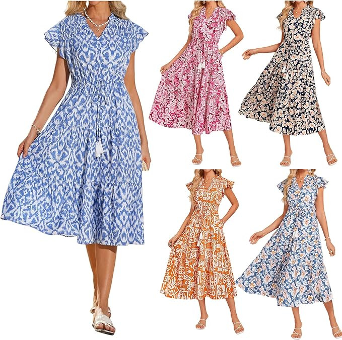 Womens Boho Dresses Summer Floral Print Maxi Dress Ruffle Cap Sleeve V Neck Dress Flowy Beach Vac... | Amazon (US)