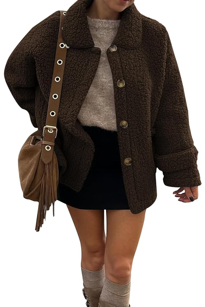 Women's 2025 Fall Winter Coats Lapel Collar Fleece Sherpa Jackets Daily Long Sleeve Coats with Po... | Amazon (US)