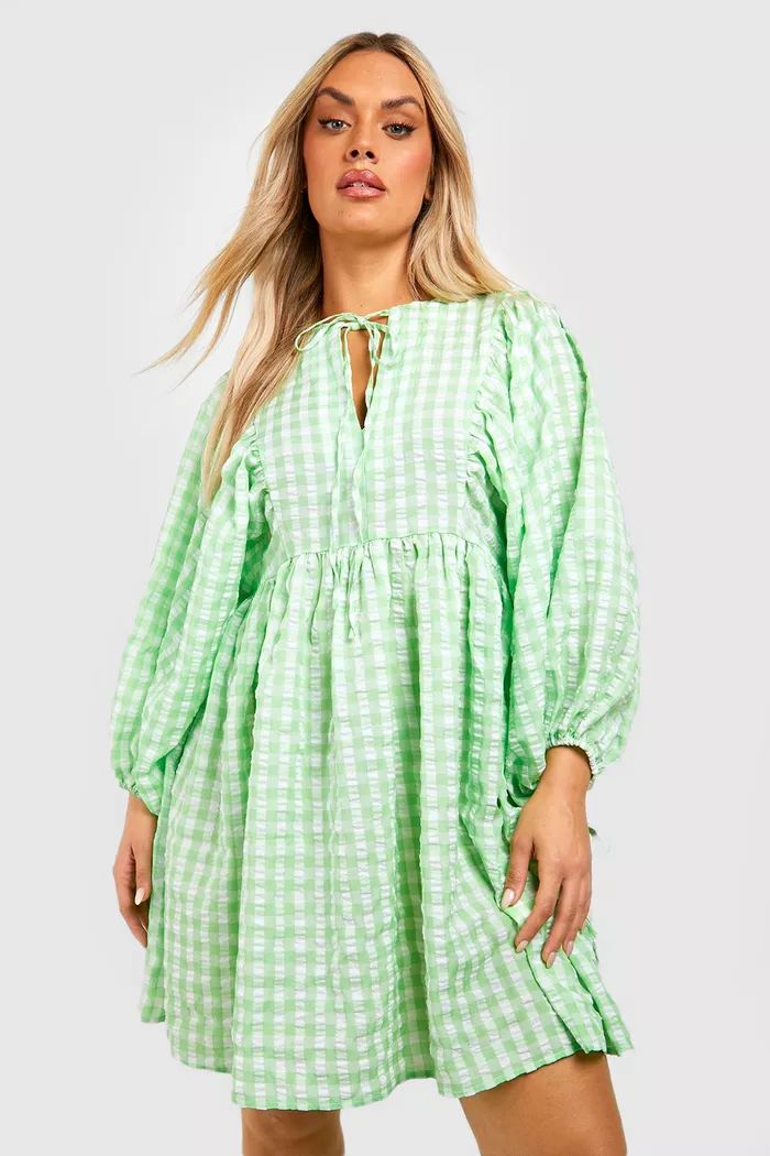 Plus Gingham Textured Blouse Sleeve Smock Dress | boohoo (US & Canada)