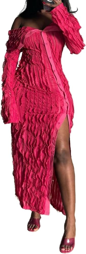 Vaceky Cocktail Dresses Women Sexy Sheer Fringe Off The Shoulder Bell Sleeve Button Down Front Sl... | Amazon (US)