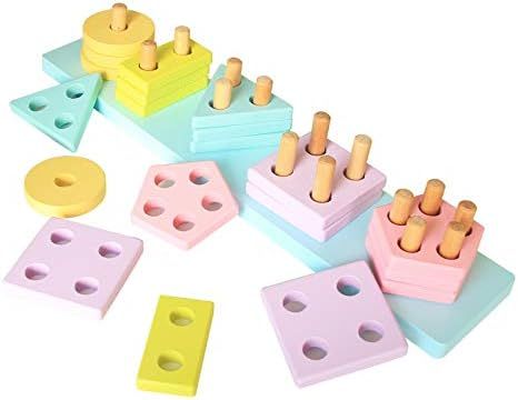 Wooden Stacking Toys for Toddler 1 2 3 Year Old, Shape Sorter Montessori Educational Recognition Puz | Amazon (US)