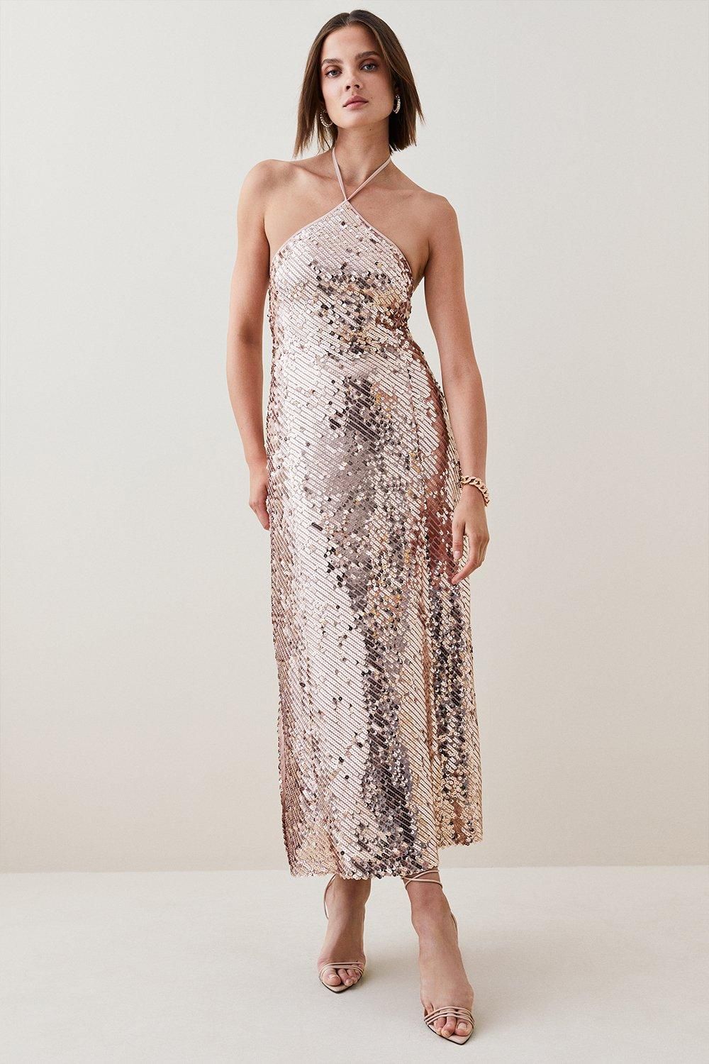 Liquid Sequin Woven Halter Dress | Karen Millen US